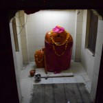 Laukā jau pavisam tumšs, tāpēc jāiet vien pavakariņot un mājās. Meklējot vakariņas, atradām arī šādu templīti. Tādi mazi templīši vispār Indijā nav retums, tas tā ērti - lai nav jāiet uz lielo templi, kas tālu no mājām, var ātri palūgties un savus ziedojumus atstāt mazajos ceļmalas templīšos. Un viss jau it kā būtu kārtībā, parasti tajos templīšos sēž kāds no trim svarīgajiem dieviem, vai, sliktākajā gadījumā, vismaz Ganēša vai Hanumans, bet šeit... Kas tas ir? Es nezinu, varbūt man viss pārāk izskatās pēc rāceņiem, bet neko citu tur neredzu - rozā lupatā ietinies rācenis! Kopā ar mazo rācenēnu!